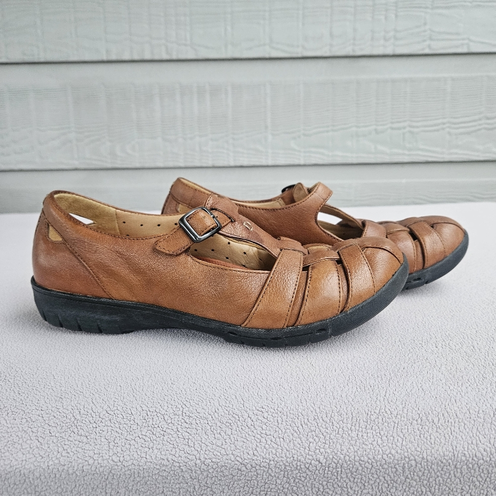 Clarks Unstructured Brown Leather T-Strap Fisherman Sandal Women SZ 8.5 N Buckle